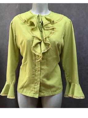 Vintage Ruffled jabot Blouse Top Green MODE O'DAY Women’s
